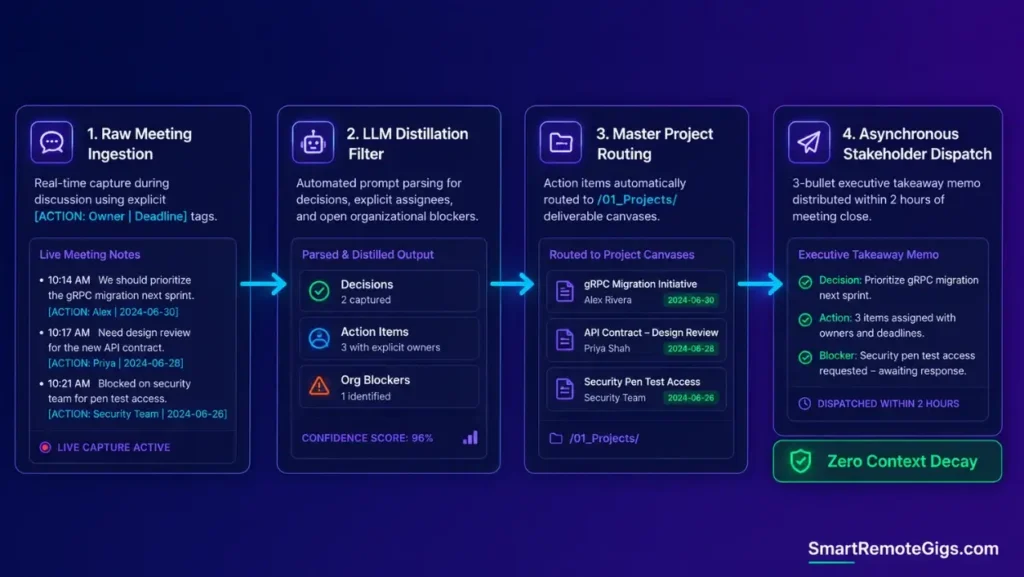 Infographic showing the executive meeting action extraction workflow from raw transcript capture to automated task delegation and stakeholder memos.