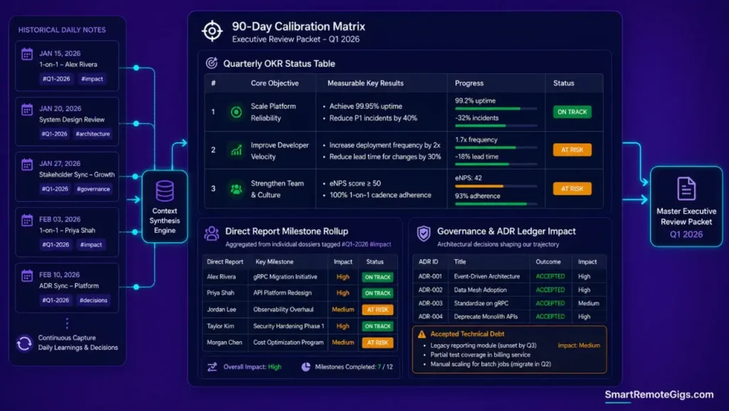 Executive quarterly performance synthesis matrix showing OKR achievement status, direct report milestone rollups, and governance decision logs.