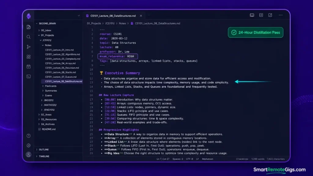Obsidian lecture note template for students showing YAML frontmatter, raw timestamped capture, and a 3-bullet executive summary block.