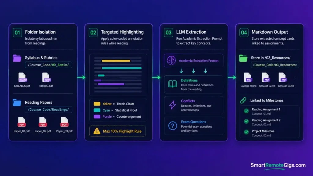 Workflow infographic showing student PDF reading ingestion, color-coded highlight rules, and automated study guide extraction.