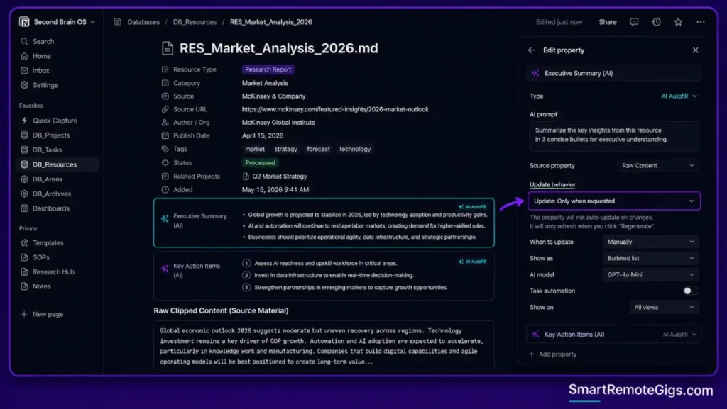 Notion AI database autofill properties generating automatic 3-bullet executive summaries and action items from clipped research notes.