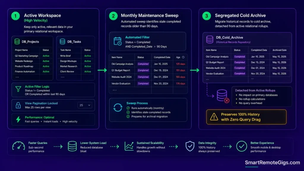 Infographic showing the Notion database scaling workflow and cold archive sweep to prevent workspace lag.