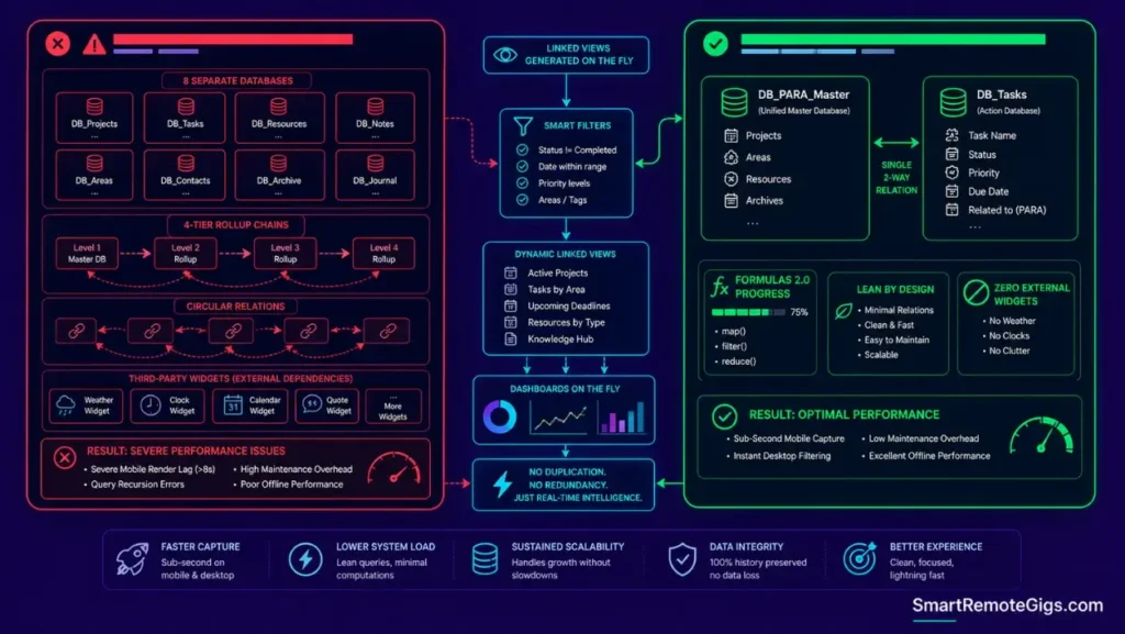 Architecture diagram comparing bloated multi-rollup Notion setups with a lean relational master database architecture.