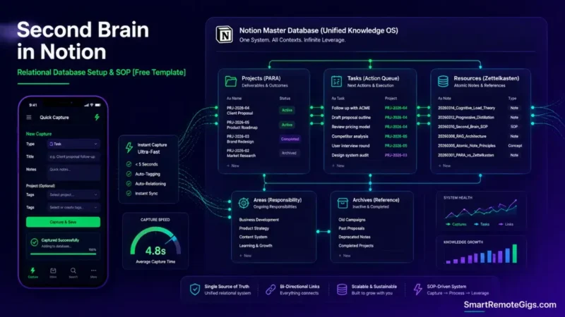 Second brain in Notion 2026 showing relational database architecture, fast mobile quick capture, and PARA workspace setup.