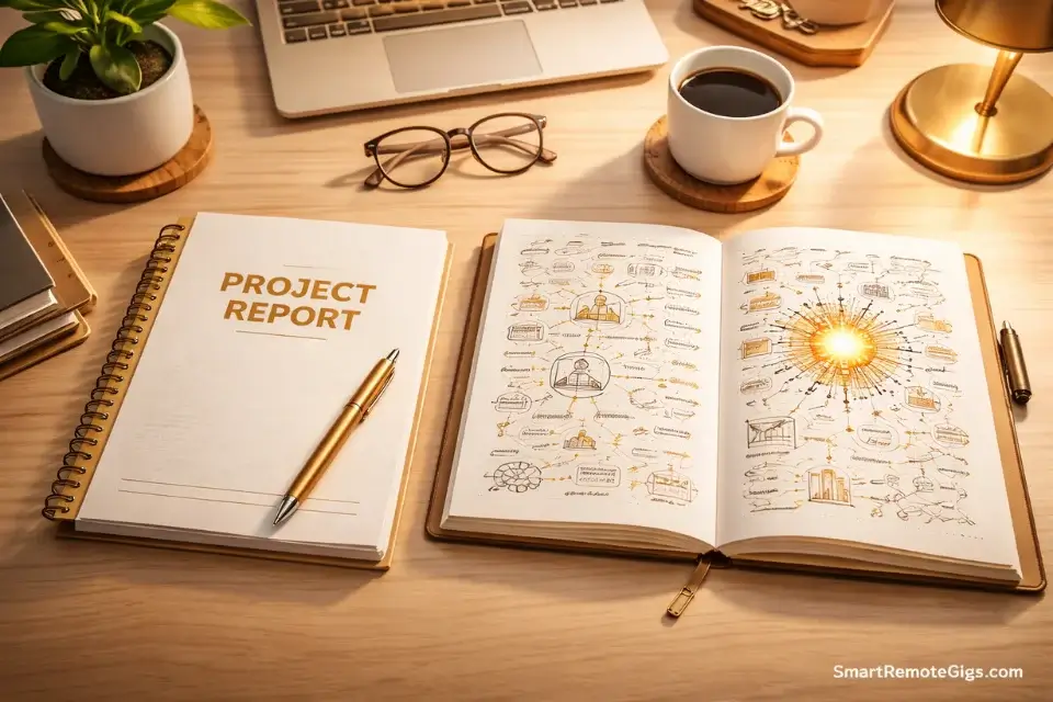 A workspace showing a completed project report and a sketchbook of ideas.