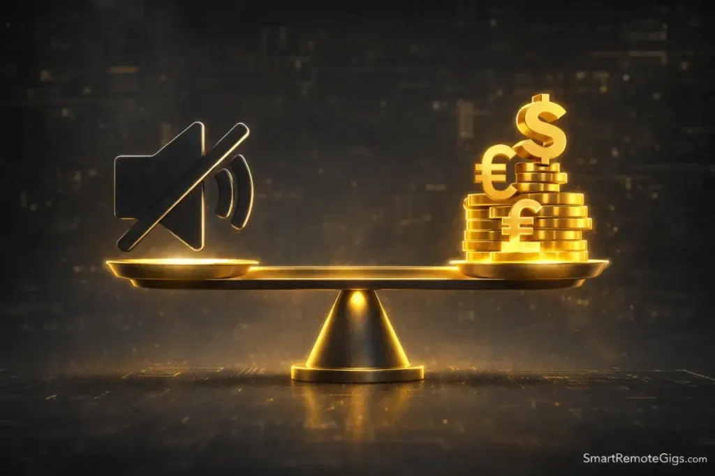 A conceptual image showing a balance scale where "Silence" carries the same weight as "Money."