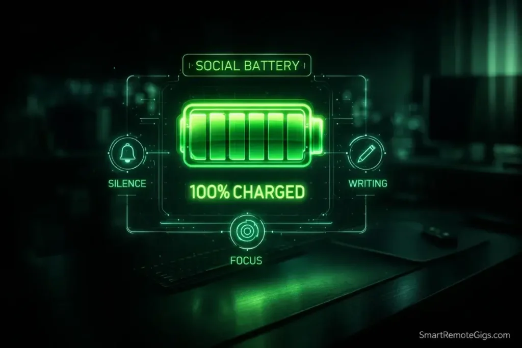 A digital social battery meter showing 100% charge, representing the energy saved by remote work.
