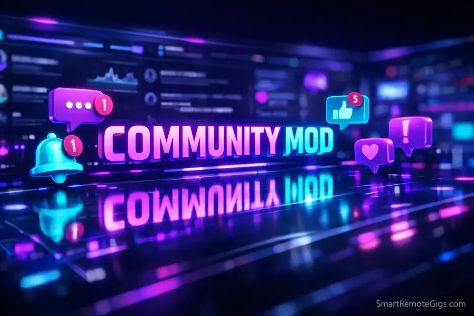 A high-tech digital moderation dashboard showing social media streams and community management tools.