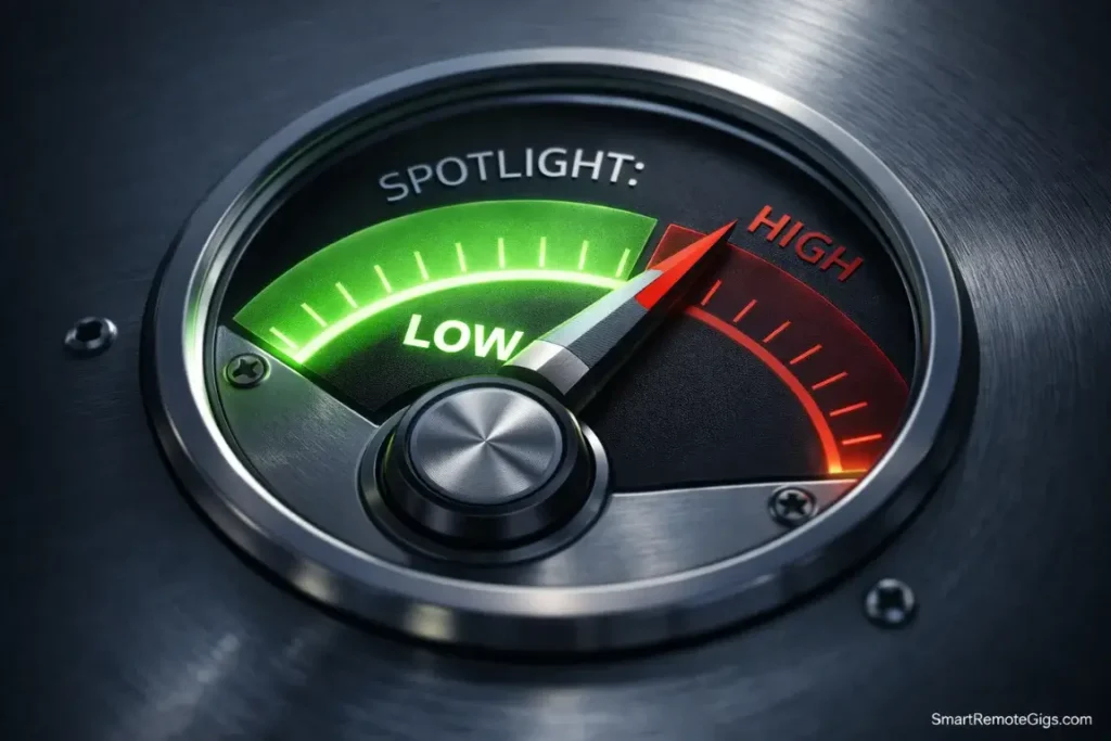 A gauge showing a "Low Spotlight" reading, representing jobs with low social pressure.