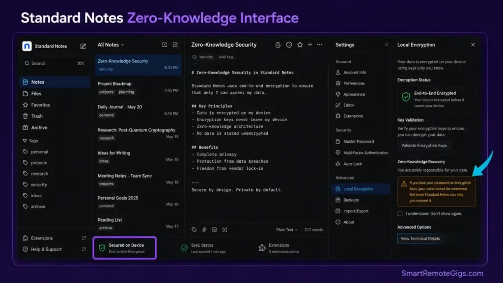 Secure editor layout within the Standard Notes application, illustrating local client-side E2EE.