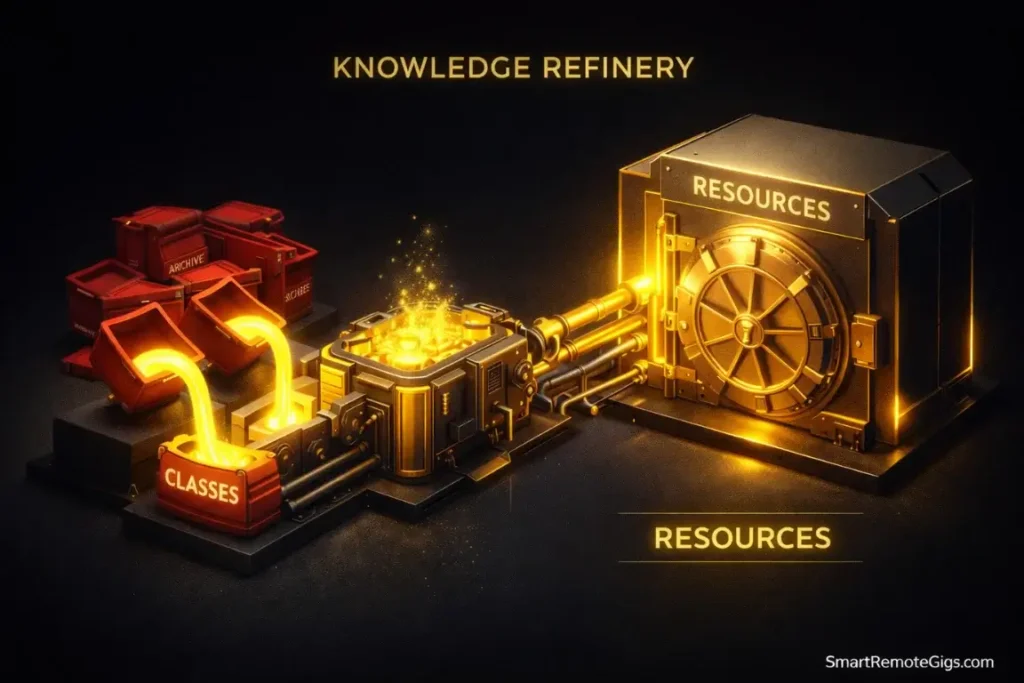 A visual metaphor showing temporary class notes being refined into permanent resource knowledge.