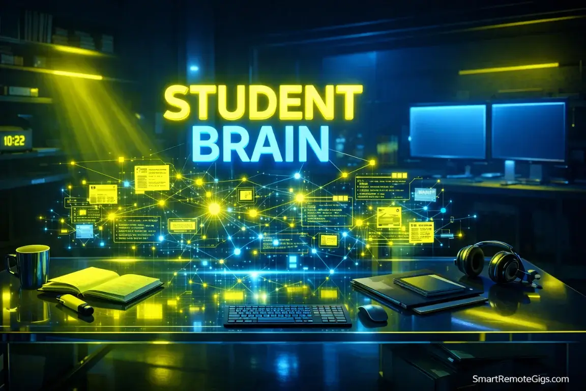 A futuristic student desk setup with a holographic second brain interface.