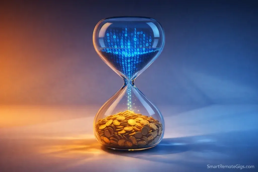 A digital hourglass metaphor showing time turning into income for remote students.