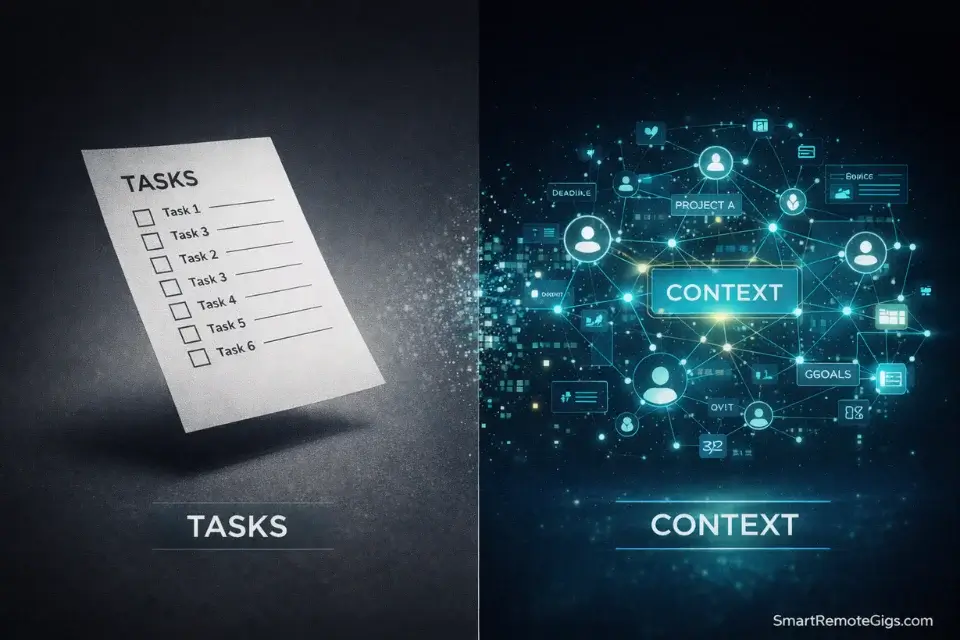 Visual comparison between a simple task list and a contextual network of team information.