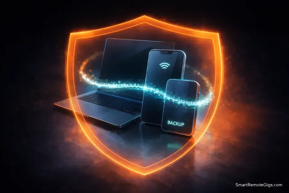 A visualization of a tech redundancy plan showing a laptop, phone, and hotspot as a unified system.