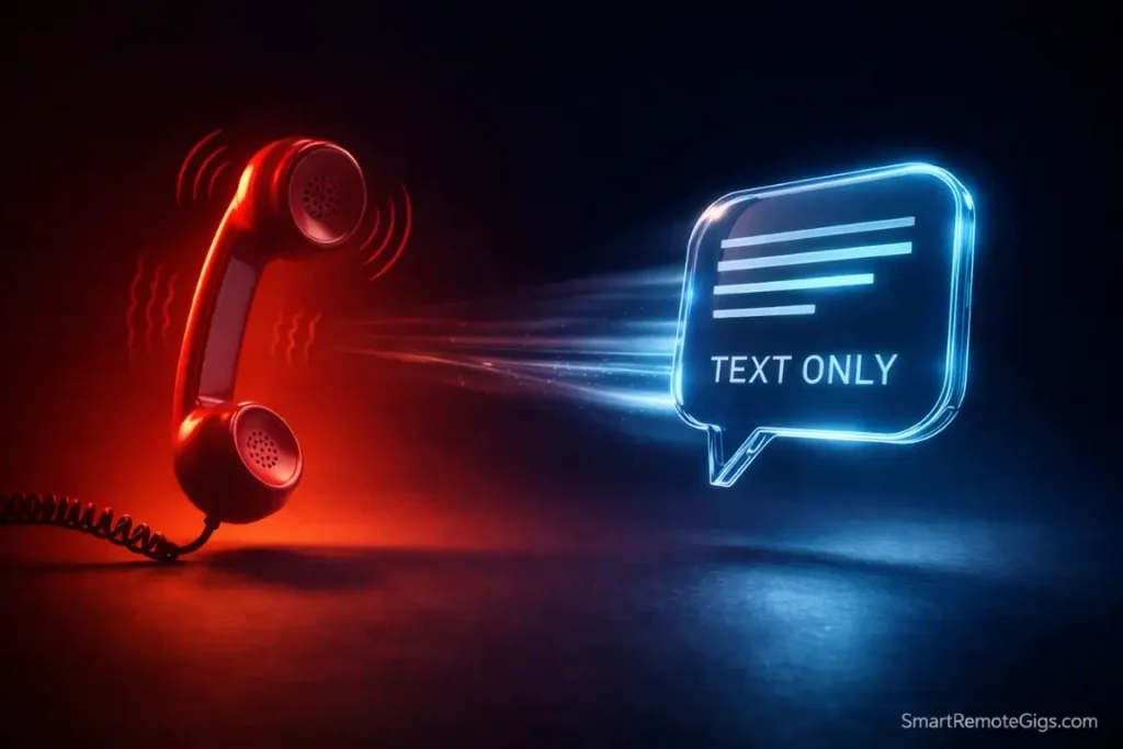 A visual comparison showing a sleek text chat bubble replacing a noisy telephone.