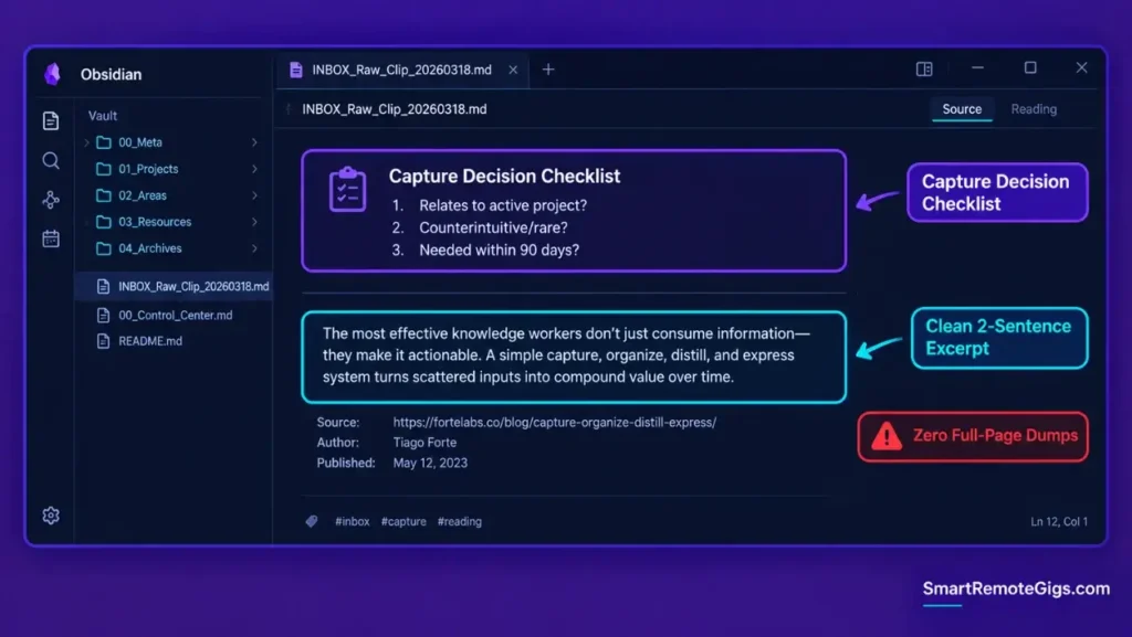 Obsidian capture note template showing the Keeper Test decision checklist and isolated excerpt capture.