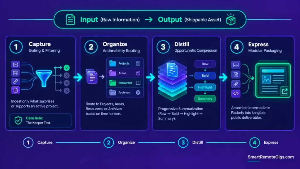Diagram illustrating the four stages of the Tiago Forte CODE method: Capture, Organize, Distill, and Express.