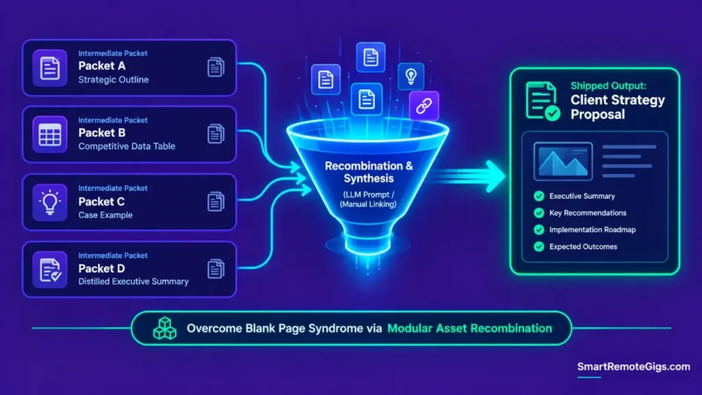 Infographic showing how modular Intermediate Packets are assembled into complete client proposals and creative deliverables.