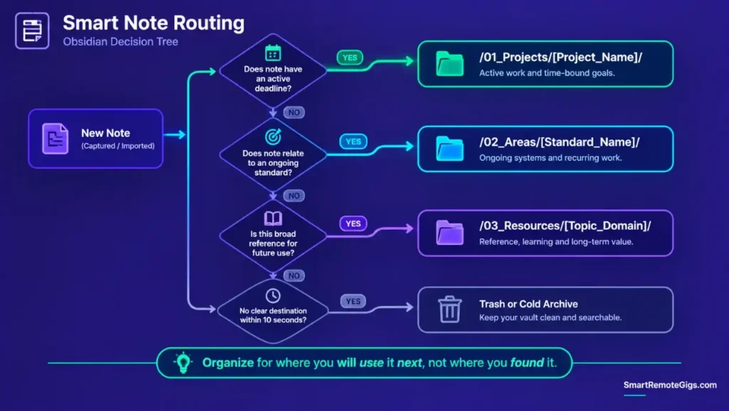 Decision tree infographic showing the programmatic logic for routing captured notes into PARA directories.
