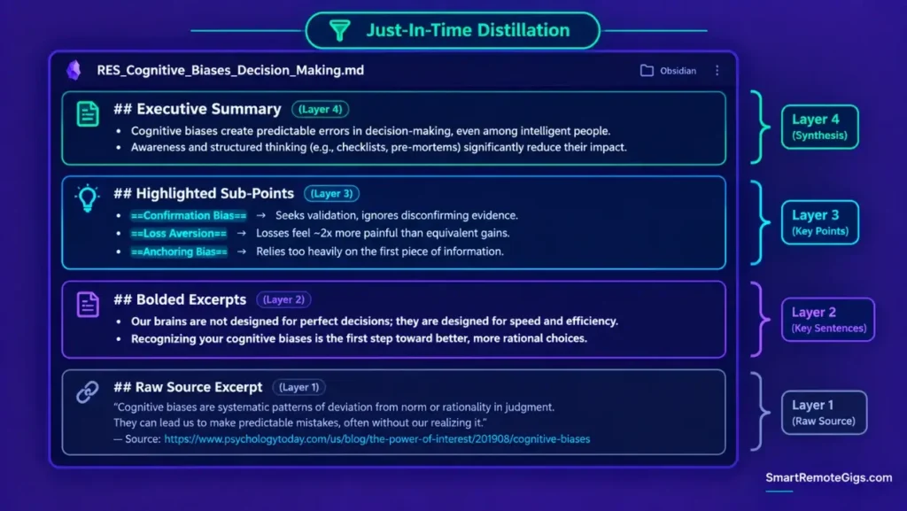 Obsidian research note displaying all four layers of Progressive Summarization from raw text to executive summary.