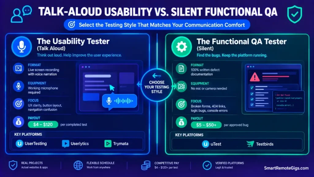 Comparison diagram contrasting spoken usability testing with silent written functional QA testing.