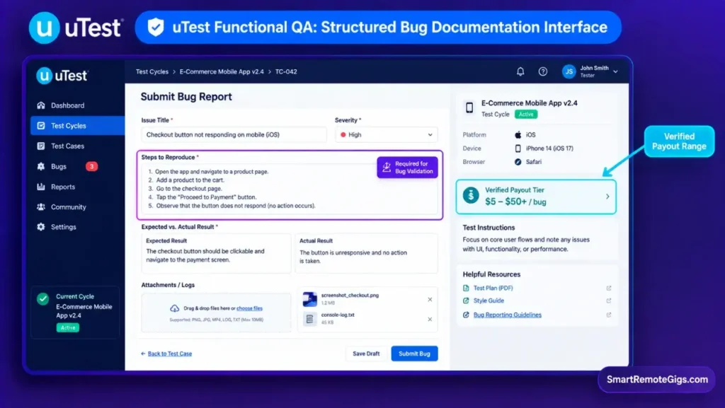 uTest platform bug report submission dashboard showing defect logging fields and testing cycle payout rates.