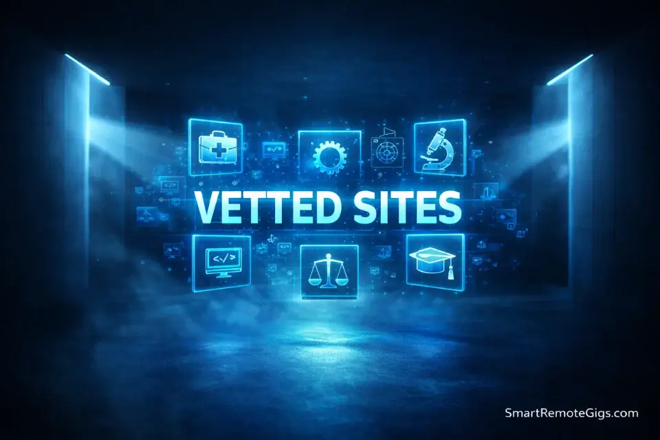 A futuristic digital gallery with a 3D integrated title for vetted remote job sites.