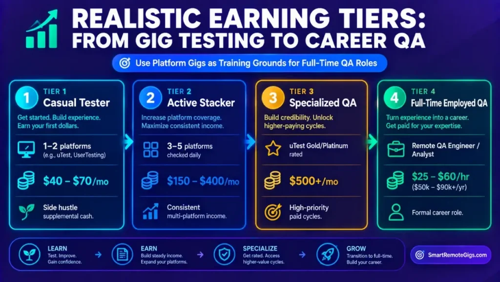 Income roadmap showing realistic monthly earnings for website testers and the career path to full-time remote QA engineering.