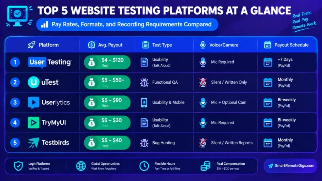 Comparison table of the top 5 website testing platforms comparing pay rates, voice requirements, and payout speeds.