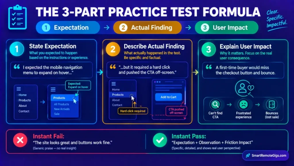 Infographic illustrating the 3-part feedback framework required to pass website usability practice tests.