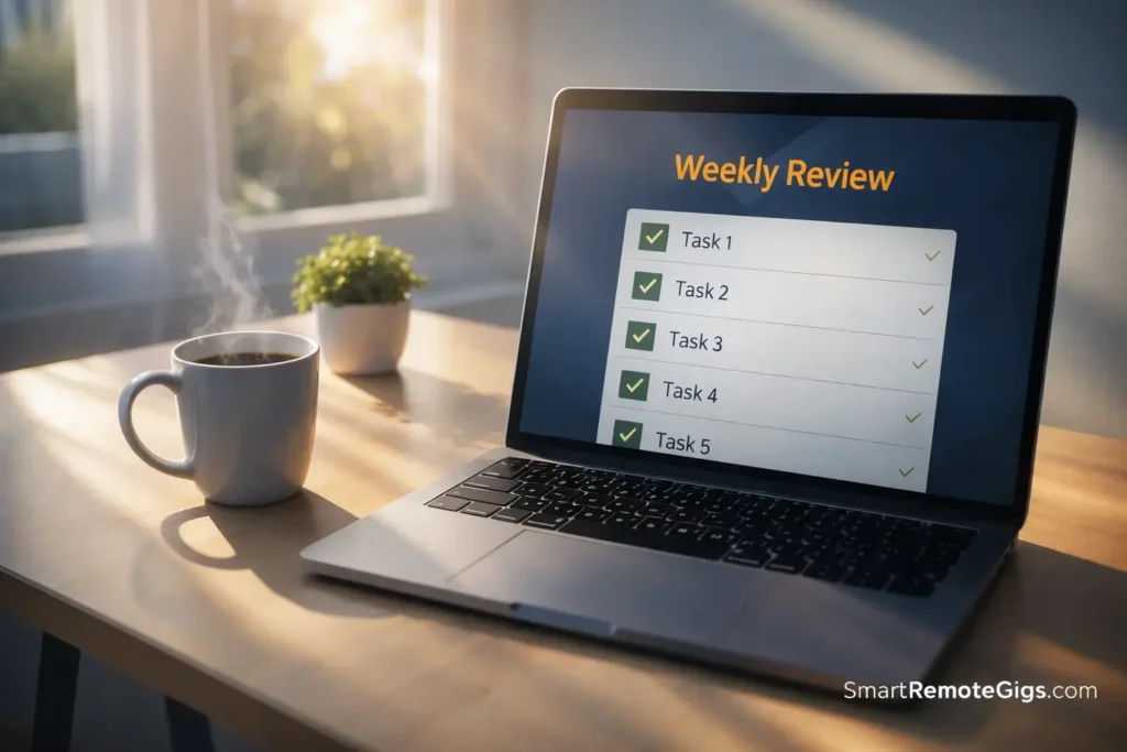 A peaceful workspace showing a completed weekly review checklist on a laptop.