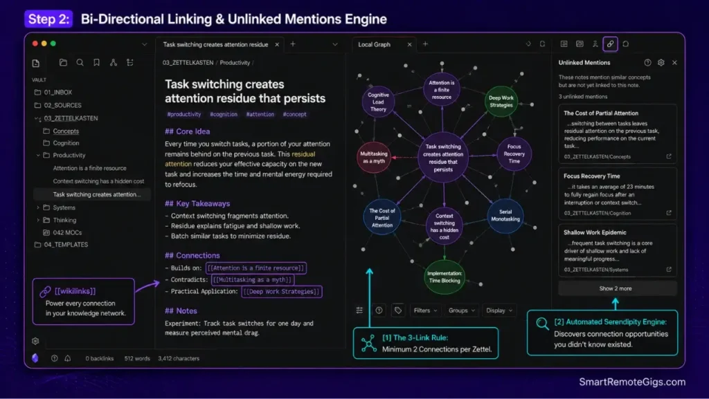 Obsidian interface screenshot demonstrating the 3-link rule for atomic notes, unlinked mentions discovery, and local graph visualization.