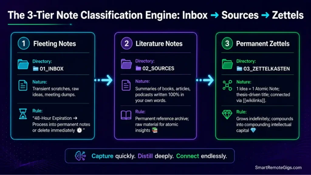 Infographic diagram illustrating the 3-tier Zettelkasten note classification engine in Obsidian separating fleeting, literature, and permanent notes.