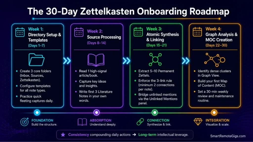 30-day implementation roadmap showing the weekly phased process for setting up an interconnected Zettelkasten vault in Obsidian.