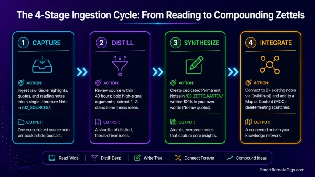 Workflow diagram illustrating the four-stage reading ingestion pipeline for converting source highlights into atomic permanent Zettelkasten notes in Obsidian.