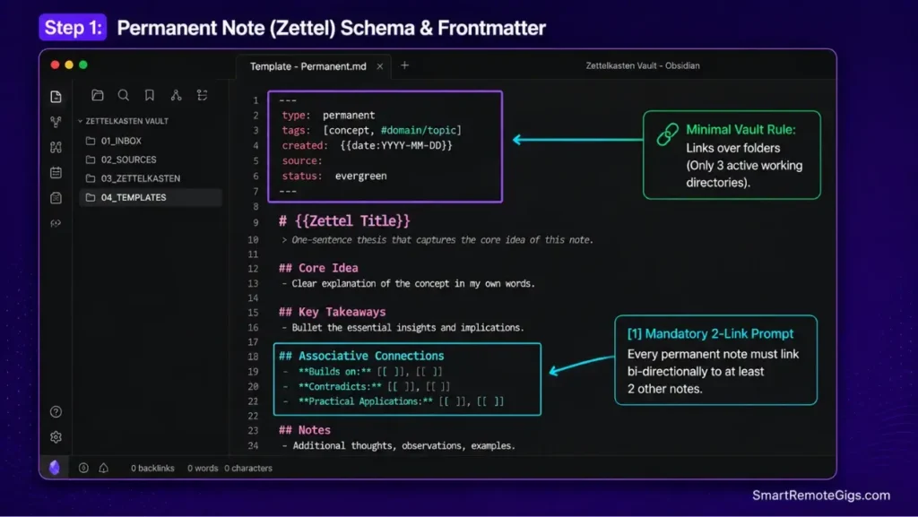 Obsidian screenshot showing the permanent note Zettel template with YAML frontmatter, associative connection prompts, and minimal folder structure.