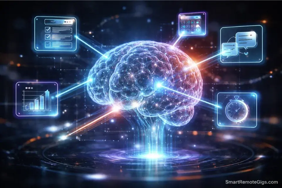3D cinematic visualization of AI and automation connecting remote project management workflows.
