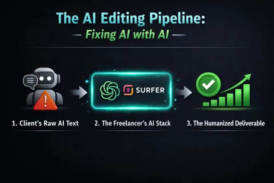 Workflow infographic showing how freelancers use tools to humanize and SEO-optimize raw AI content for clients.