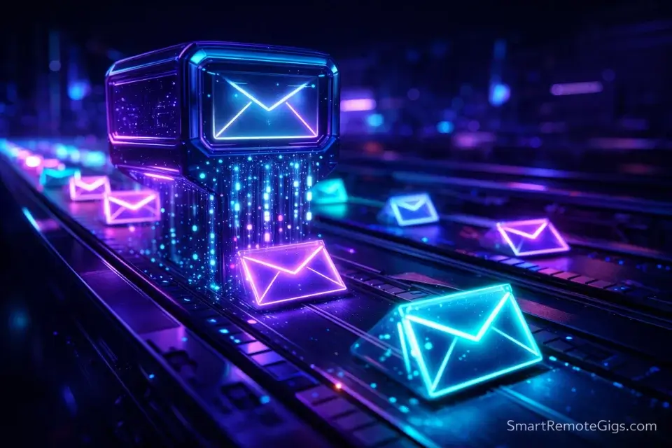 Cinematic 3D rendering of an AI engine automatically curating data into digital newsletter envelopes.