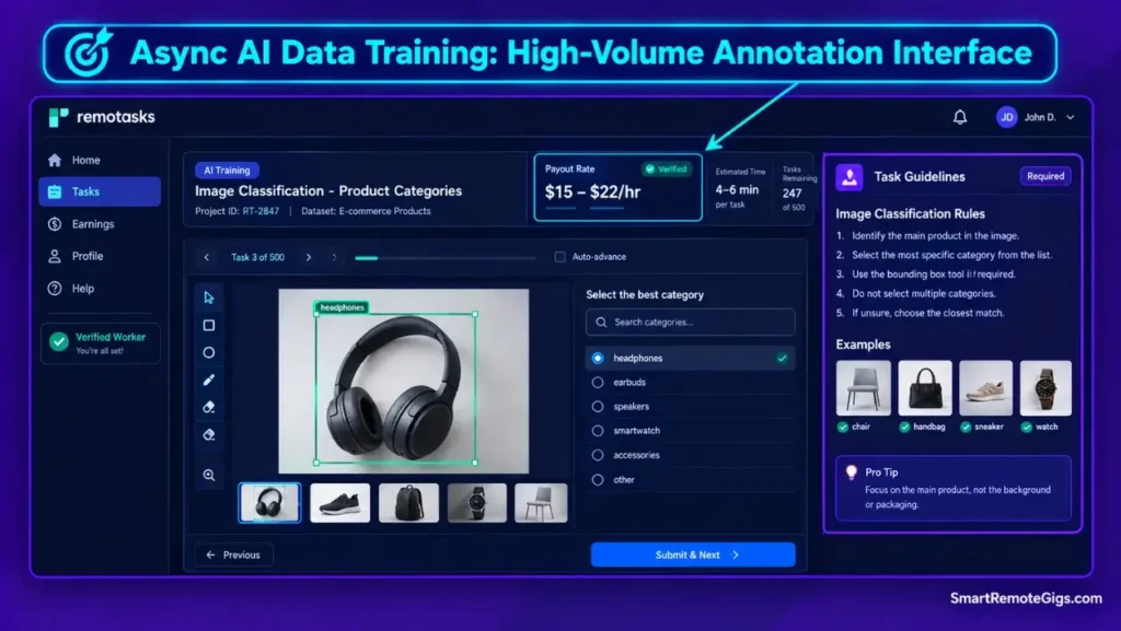 AI training data specialist workstation interface showing dataset annotation and content evaluation tasks.