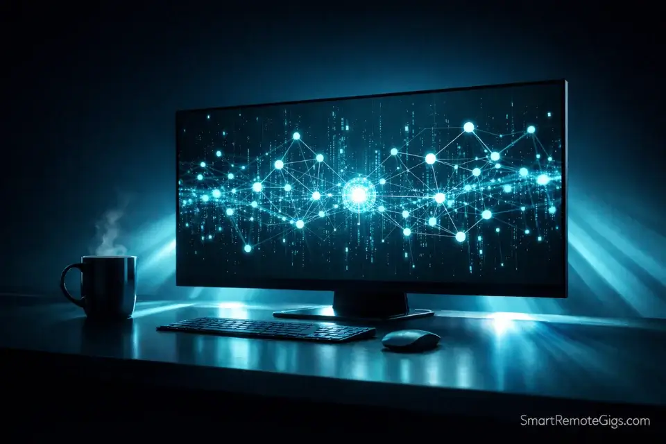 A futuristic remote workspace setup displaying AI neural networks for AI data training jobs.