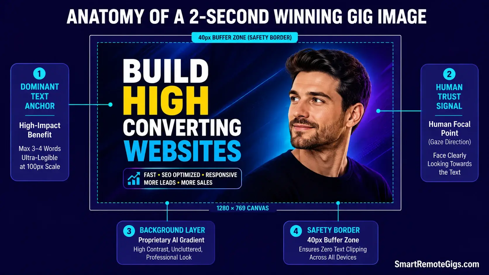 Diagram breaking down the anatomy of a high-converting Fiverr gig thumbnail with optimal text placement and trust signals.
