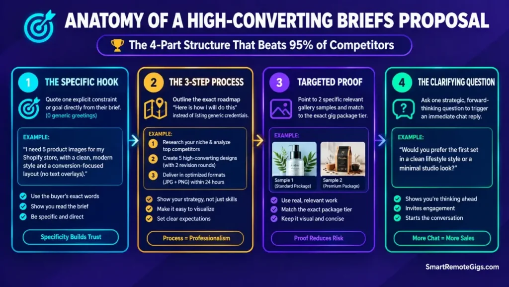 Infographic breakdown showing the 4-part psychological structure of a high-converting Fiverr Briefs proposal template.