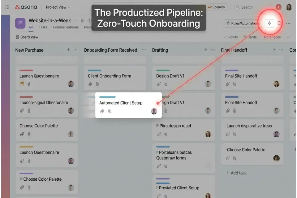Screenshot of an automated Asana Kanban board used to run a productized freelance service.