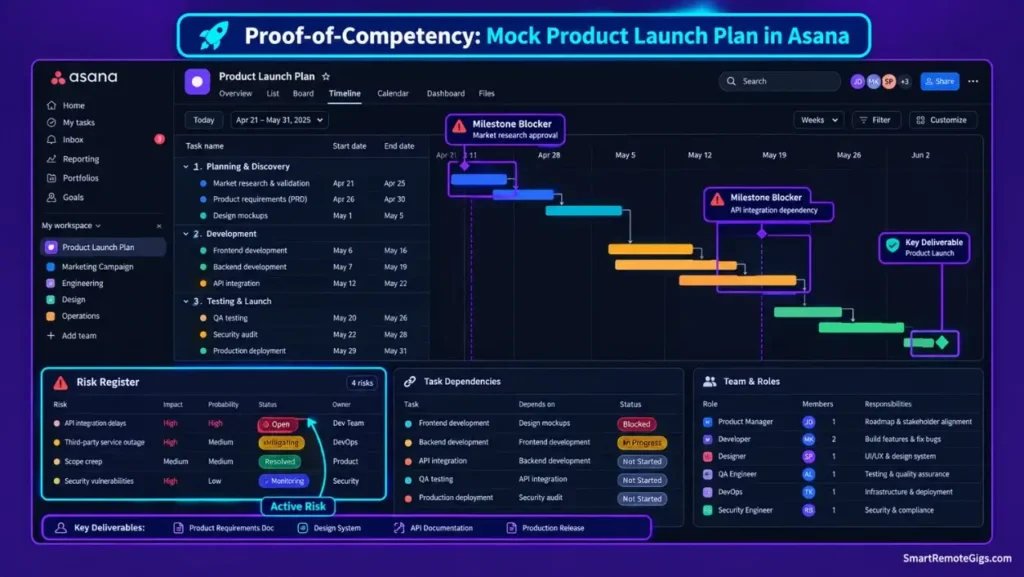 Asana project coordinator launch timeline mockup demonstrating portfolio evidence for non-degree applicants.