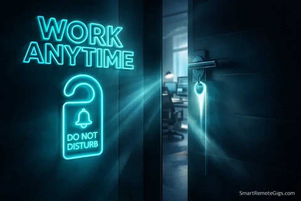 A 3D visualization of digital boundaries and asynchronous work flexibility in a remote office.