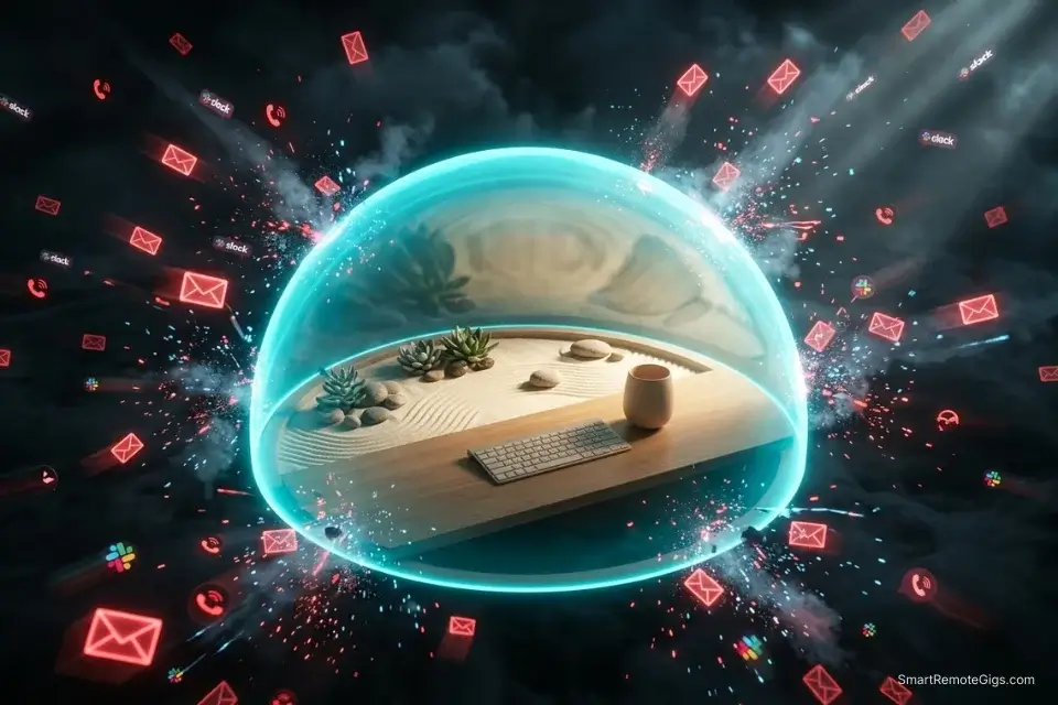 Cinematic 3D rendering of a glowing energy shield protecting a workspace from a chaotic storm of emails and notifications.