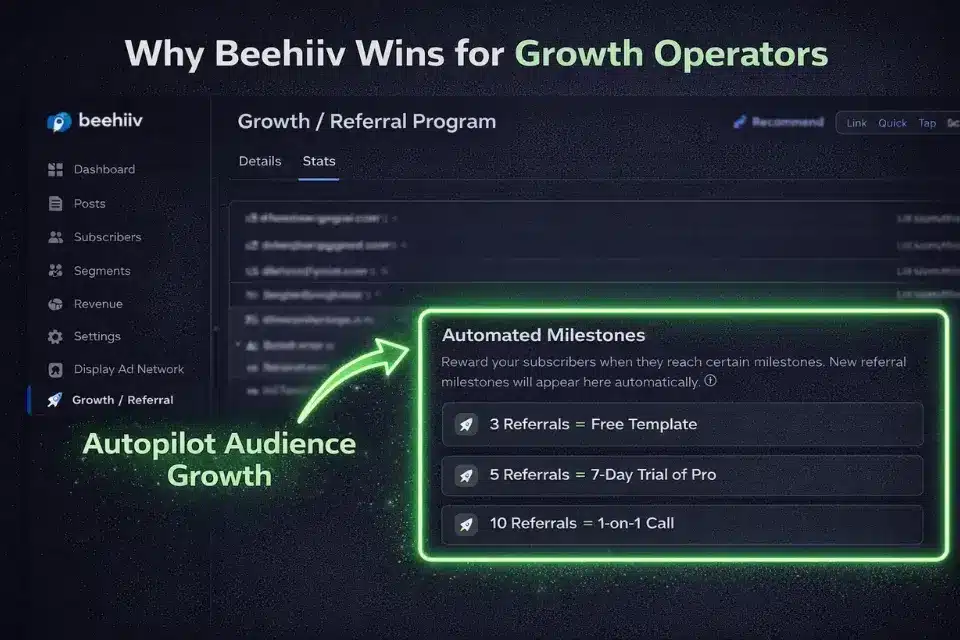 Screenshot of the Beehiiv newsletter referral program dashboard showing automated growth milestones.