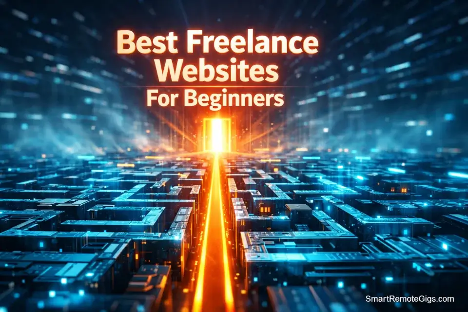 3D rendering of a futuristic digital maze representing freelance algorithms, with a clear glowing path to success.